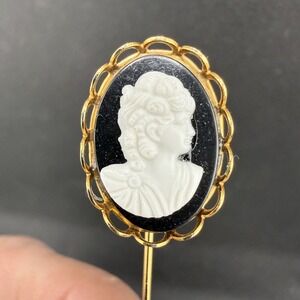 Vintage Cameo Stick Pin Gold Tone Black